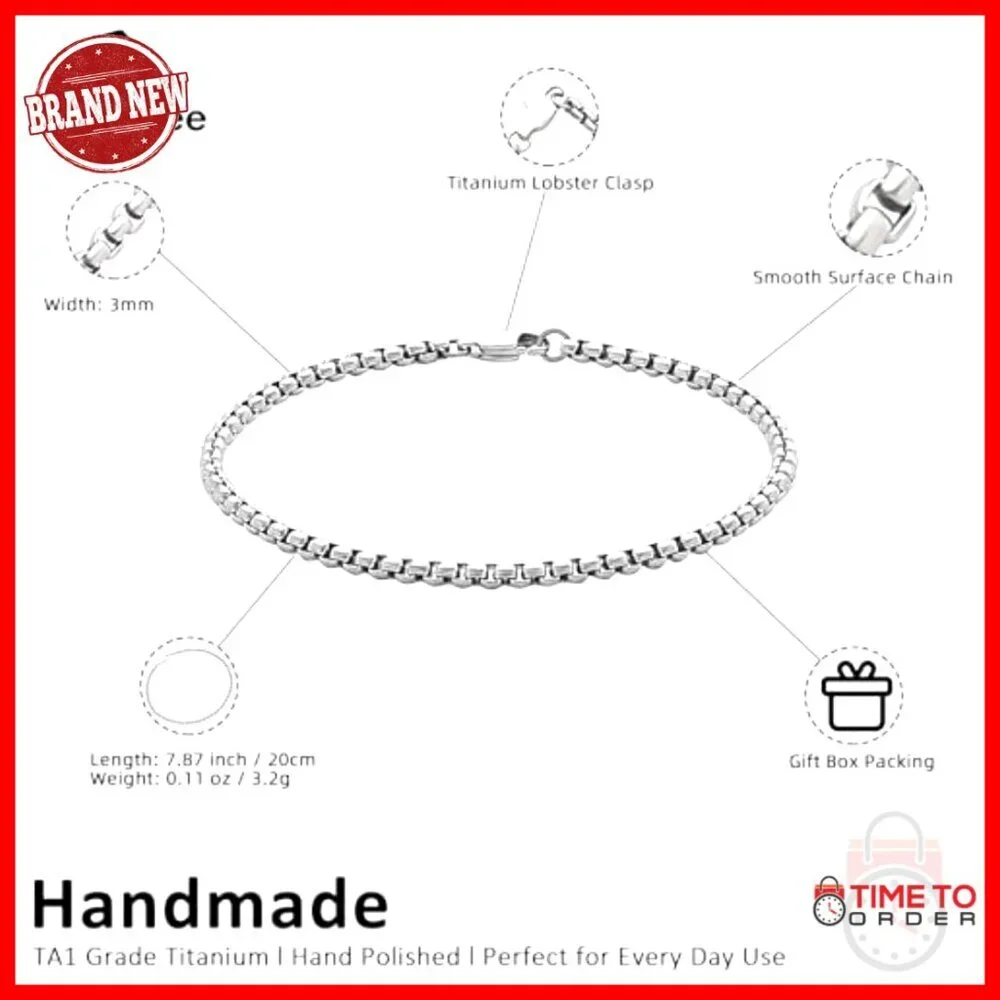 Pure Titanium Box Chain Bracelet 3mm 7.87 Inch Unisex Fashion Jewelry